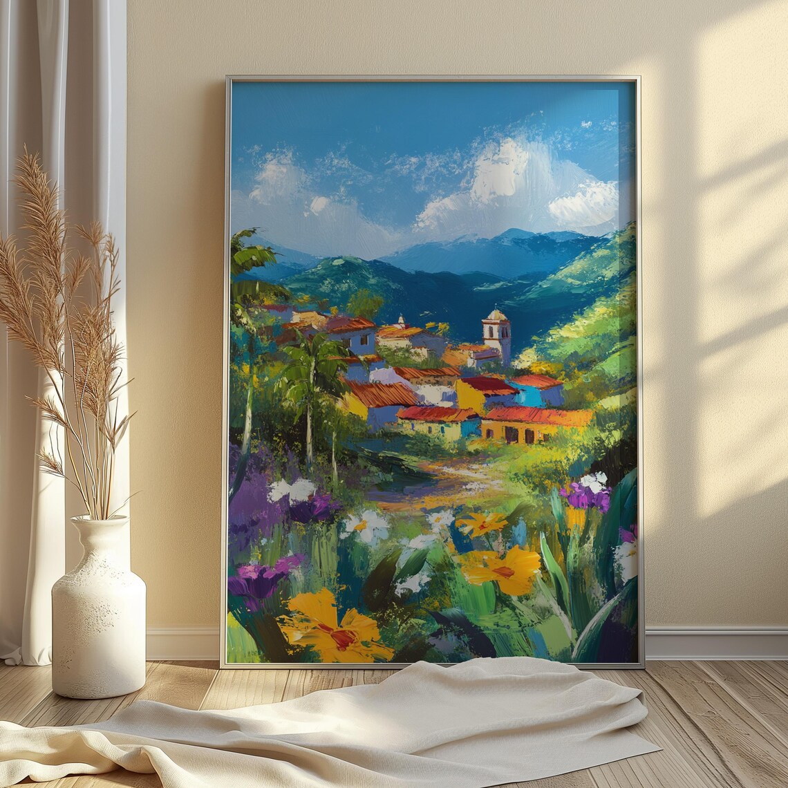 Mexican Hillside Village Red Tile Roofs Bell Tower Palms Mountain Backdrop Poster - Image 4