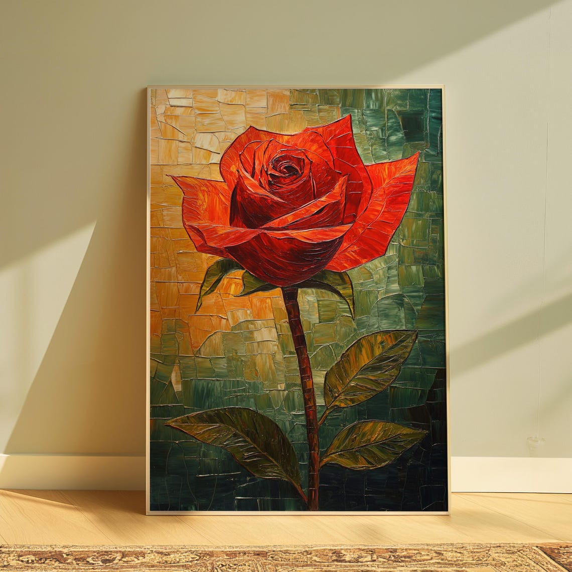 Red Orange Rose Long Stem Mosaic Tile Gold Green Textured Art Poster