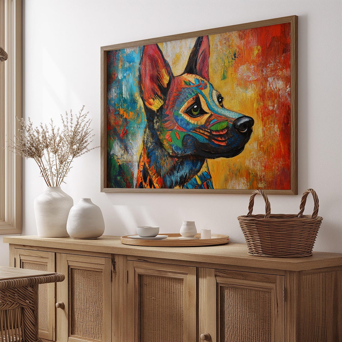 Colorful Painted Dog Profile Shepherd Folk Art Red Teal Poster