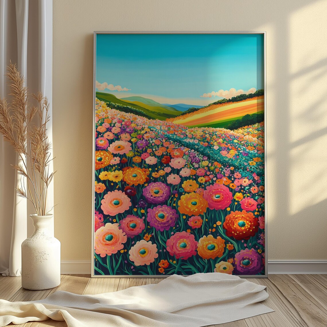 Cosmos Flower Field Rolling Green Hills Folk Art Floral Landscape Poster - Image 4