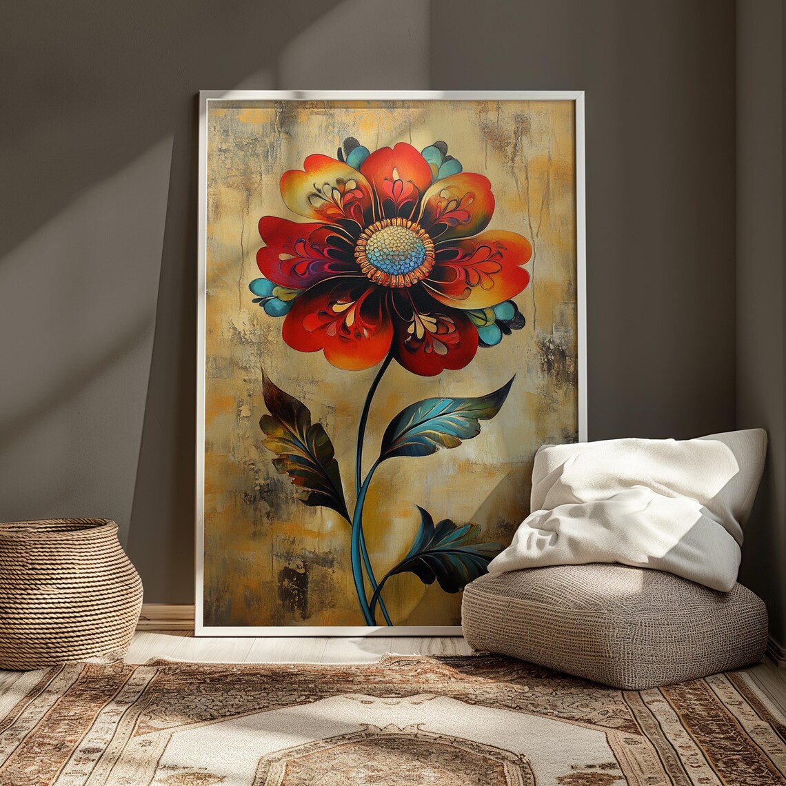 Ornamental Red Orange Flower Teal Leaves Warm Tan Floral Poster - Image 3