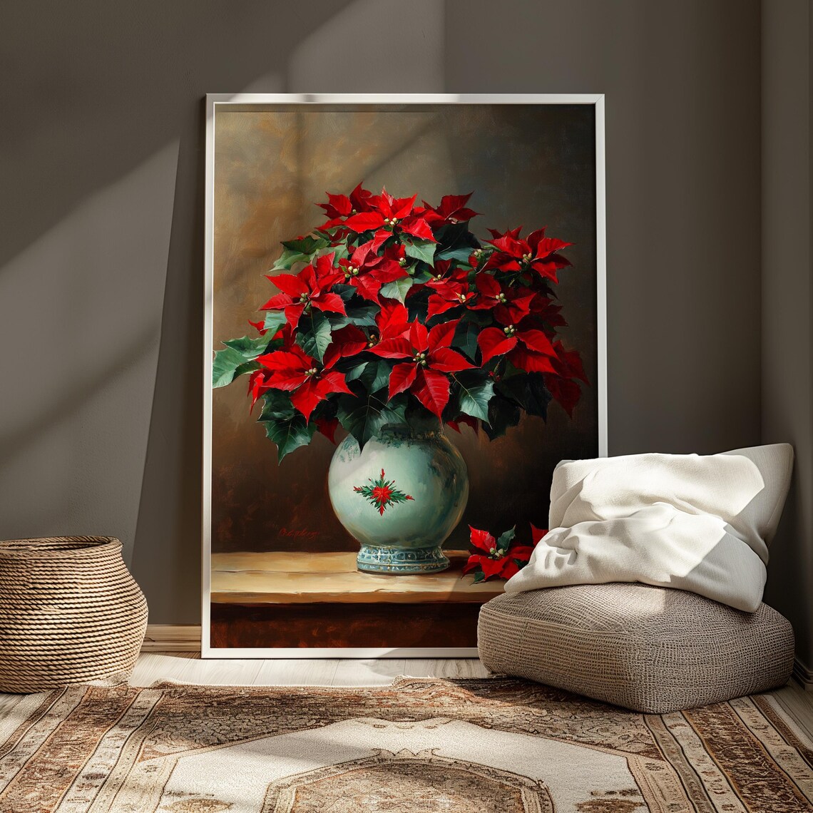 Red Poinsettia Celadon Vase Red Motif Christmas Still Life Poster - Image 4