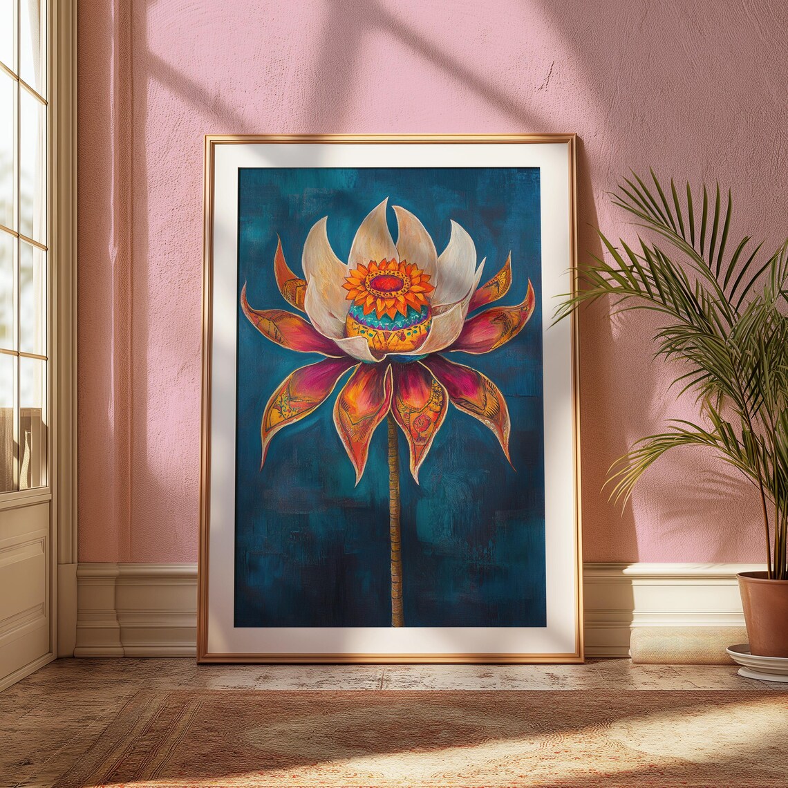 Elegant White Magenta Lotus Sun Center Deep Teal Floral Art Poster - Image 2