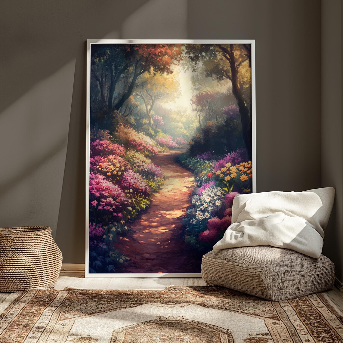 Sunlit Forest Path Colorful Flower Garden Impressionist Landscape Poster - Image 3