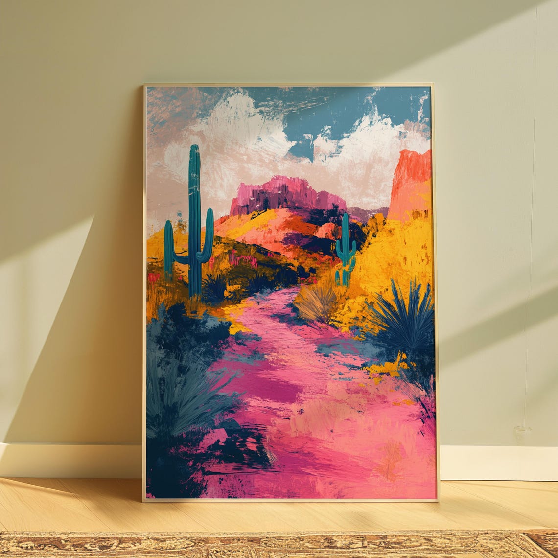 Desert Canyon Trail Saguaro Cacti Pink Mesas Southwest Wall Art Poster