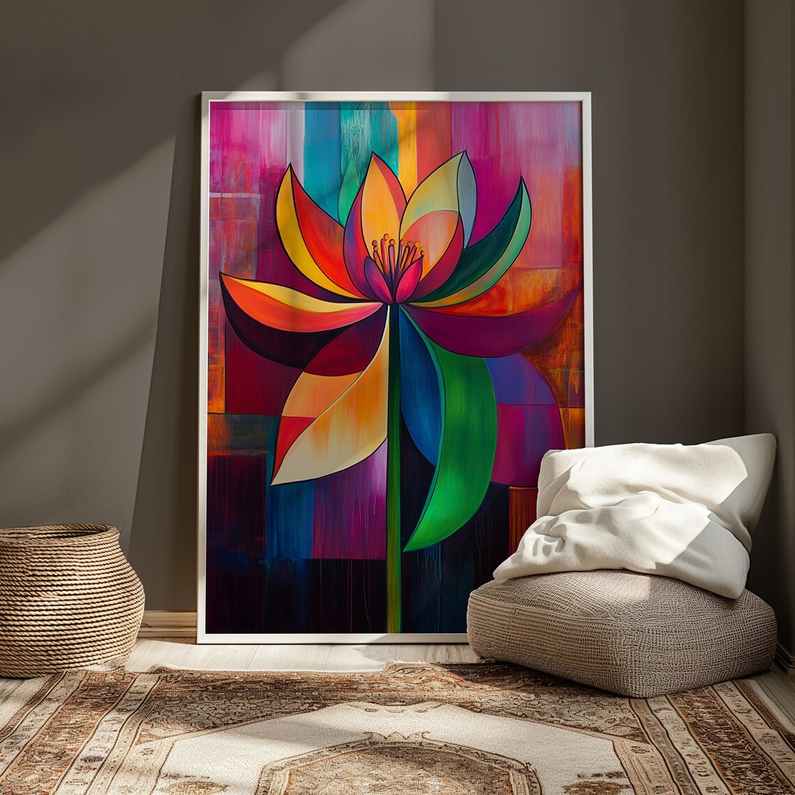 Rainbow Lotus Bloom Bold Colorful Abstract Modern Floral Art Poster - Image 3