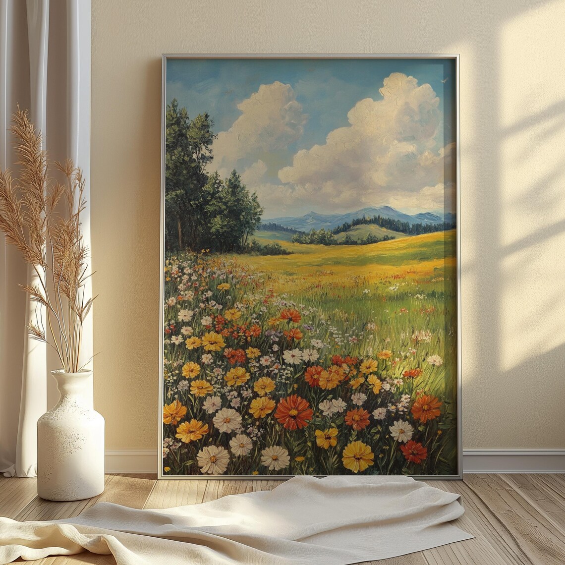 Colorful Wildflower Meadow Big Cloudy Sky Mountain Horizon Oil Poster - Image 2