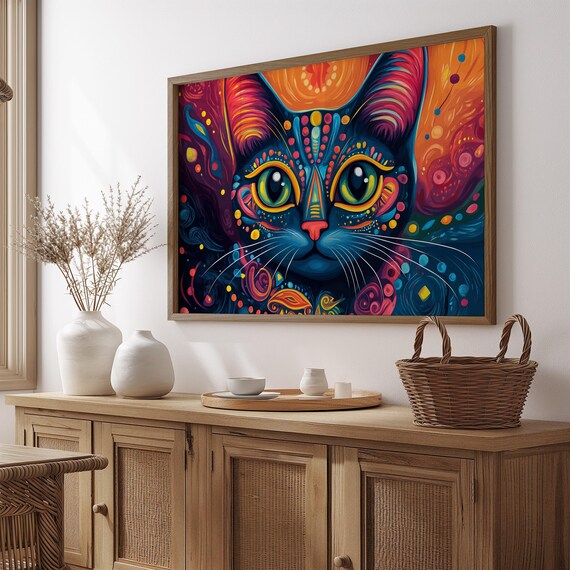 Psychedelic Black Cat Face Neon Mandala Green Eyes Trippy Cat Art Poster
