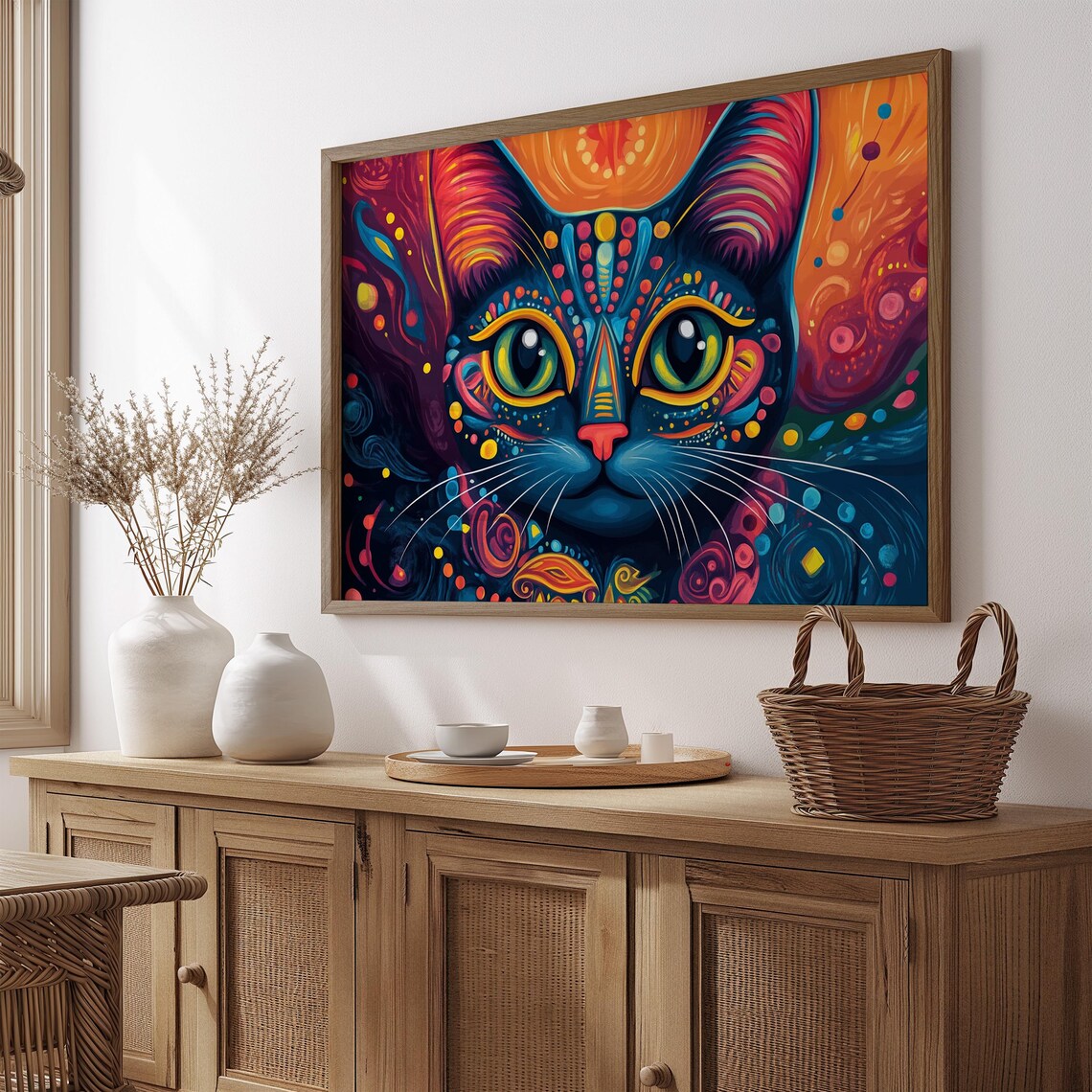 Psychedelic Black Cat Face Neon Mandala Green Eyes Trippy Cat Art Poster