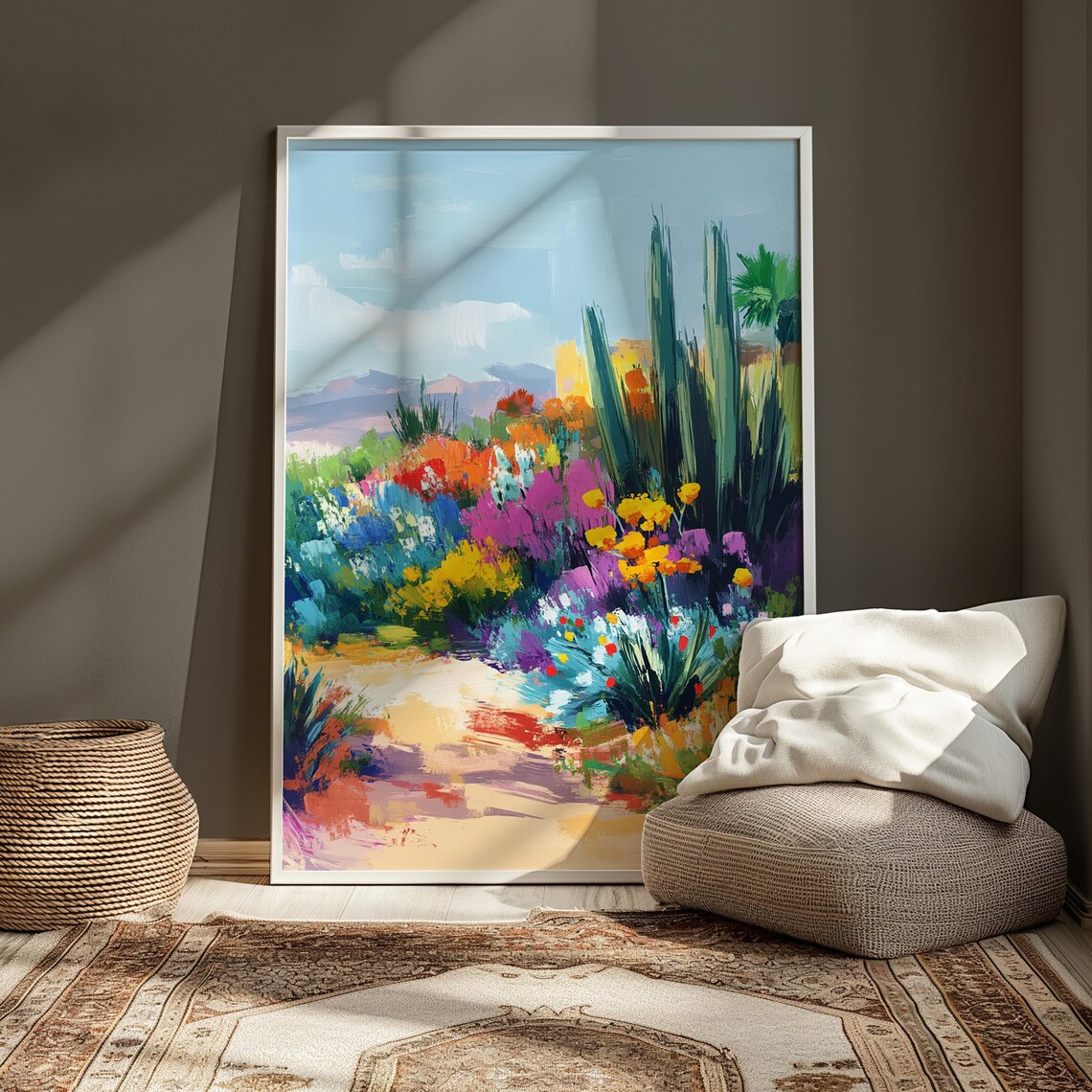 Soft Desert Garden Blooming Bushes Tall Cacti Sandy Path Pastel Landscape Poster - Image 3