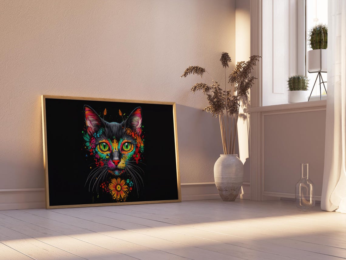 Neon Sugar Skull Black Cat Face Green Eyes Marigold Bloom Wall Art - Image 2