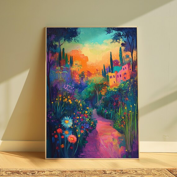 Enchanted Flower Garden Hilltop Village Sunset Colorful Landscape Poster