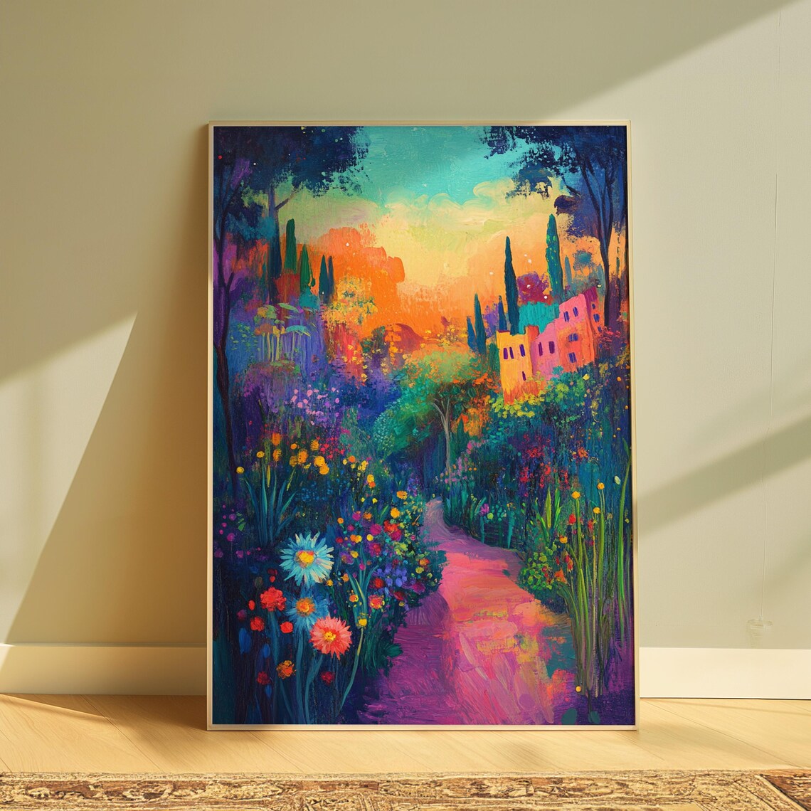 Enchanted Flower Garden Hilltop Village Sunset Colorful Landscape Poster