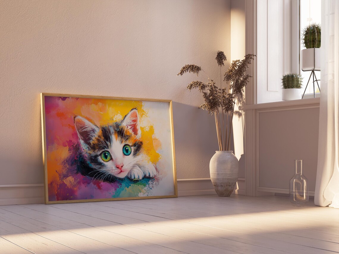 Calico Kitten Bright Green Eyes Rainbow Watercolor Splash Cat Art Poster - Image 2