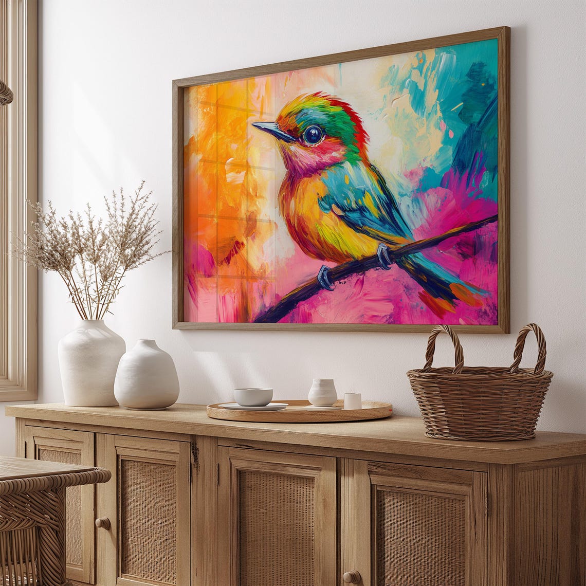 Tiny Rainbow Songbird Pink Orange Abstract Background Poster