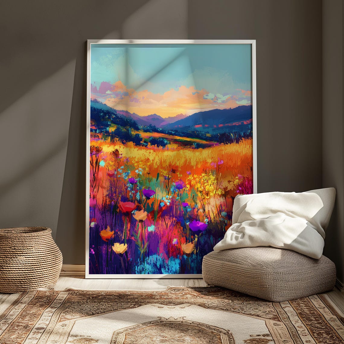 Wildflower Meadow Sunset Mountain View Impressionist Art Print - Image 3