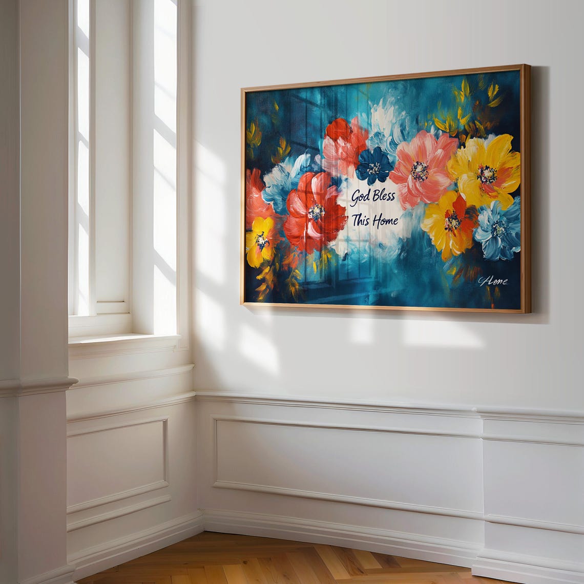 God Bless This Home Red Blossom Deep Teal Floral Quote Poster - Image 3