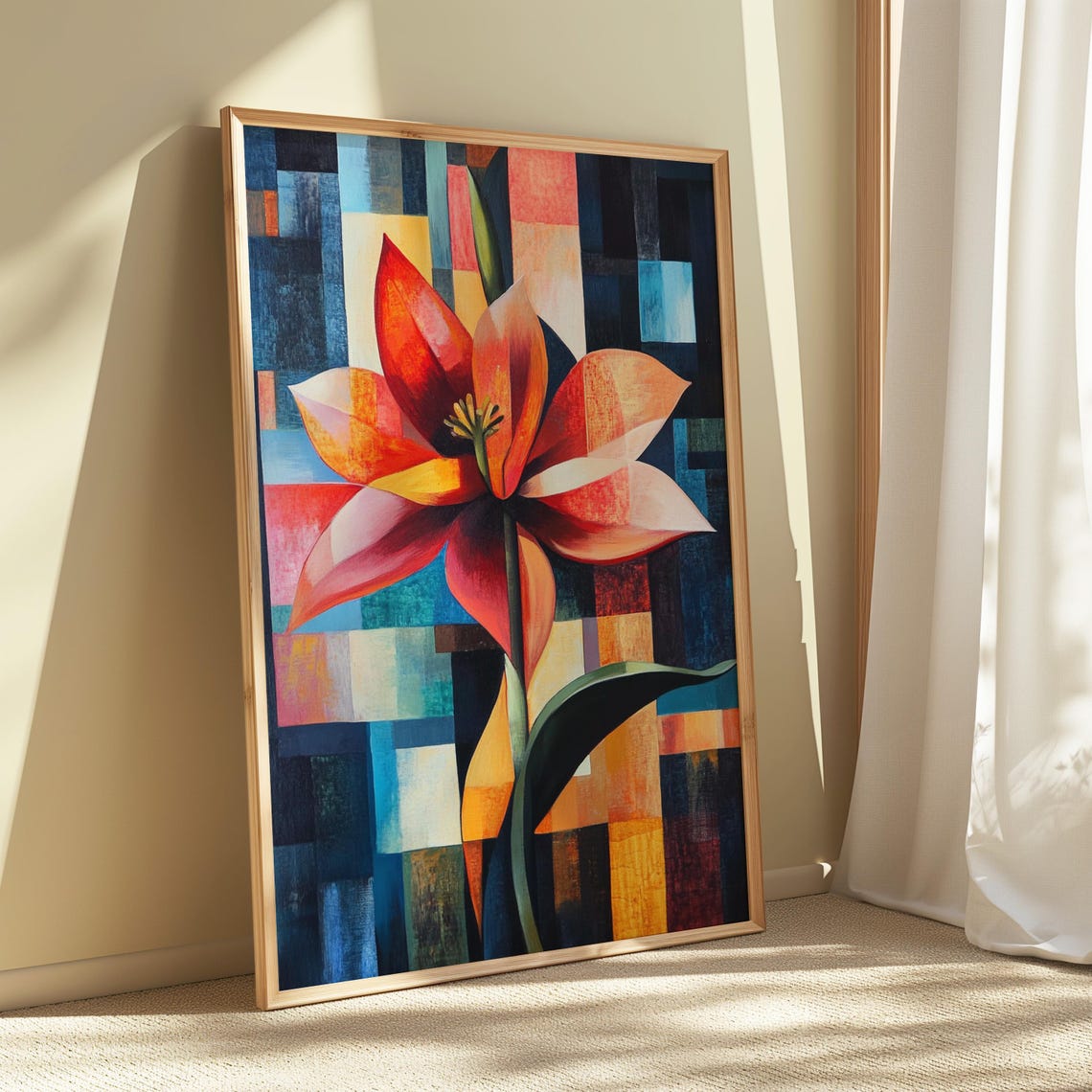 Red Lotus Bloom Blue Block Mosaic Background Modern Floral Poster - Image 5