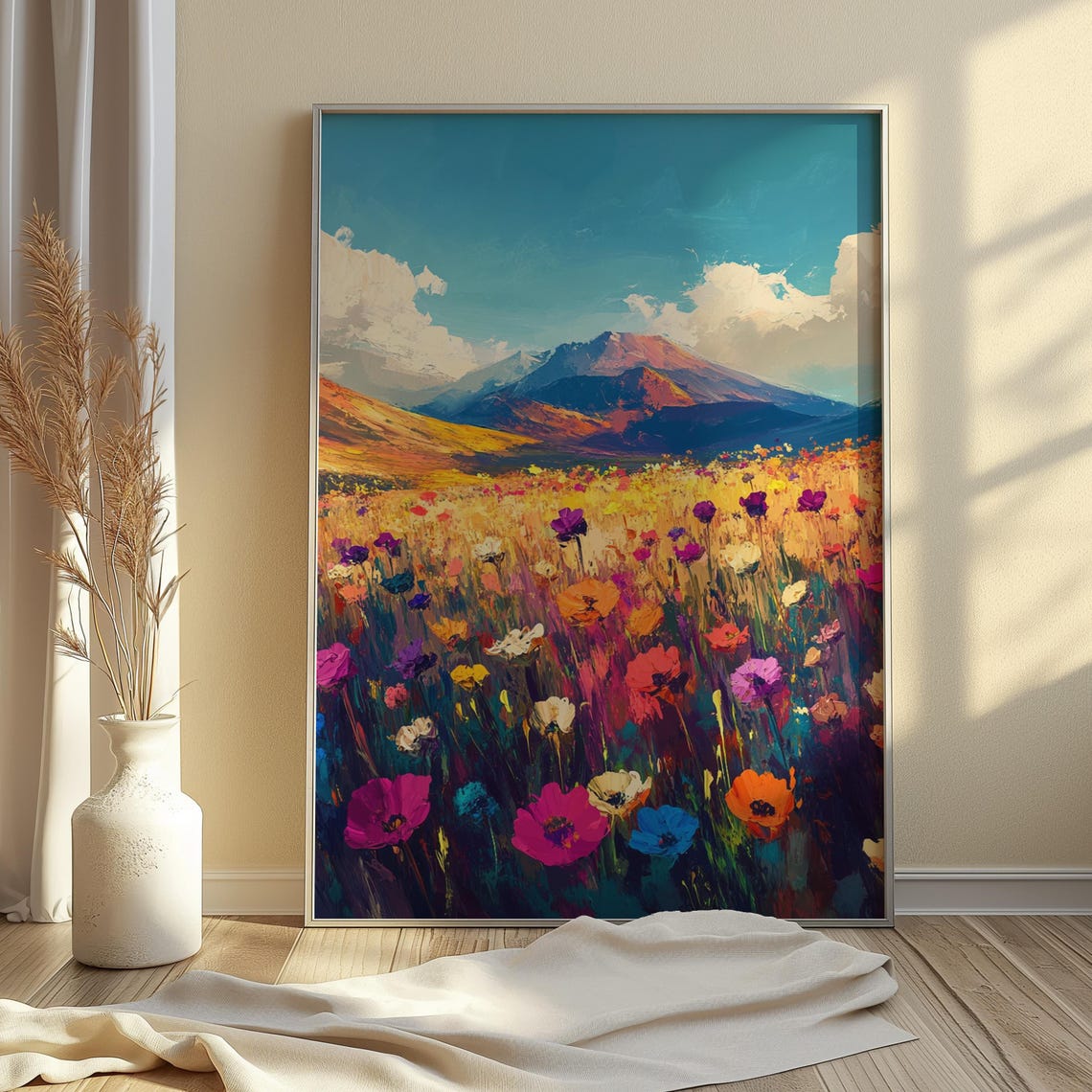 Colorful Wildflower Field Mountain View Impressionist Art Print - Image 4