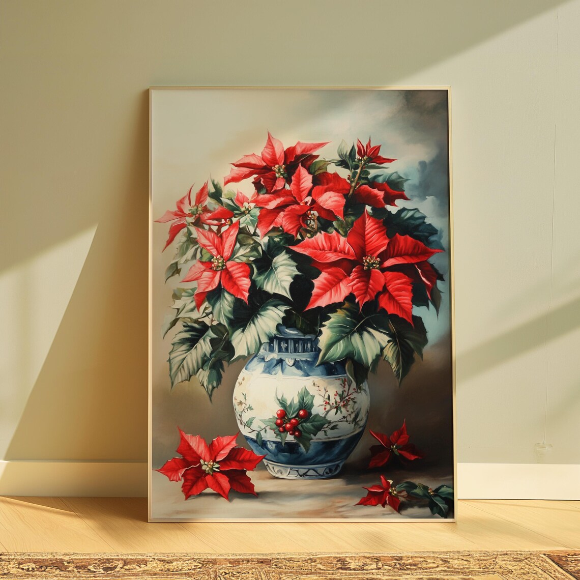 Red Poinsettia Blue White Ginger Jar Christmas Still Life Poster
