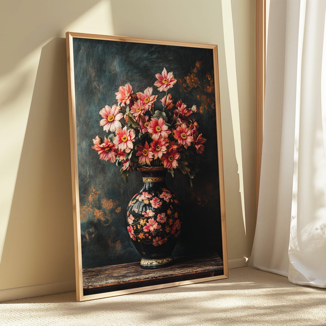 Delicate Pink Cosmos Bouquet Black Floral Vase Moody Elegant Wall Art - Image 5