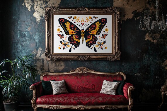 Colorful Folk Art Butterfly Day Of The Dead Skull Motif Poster