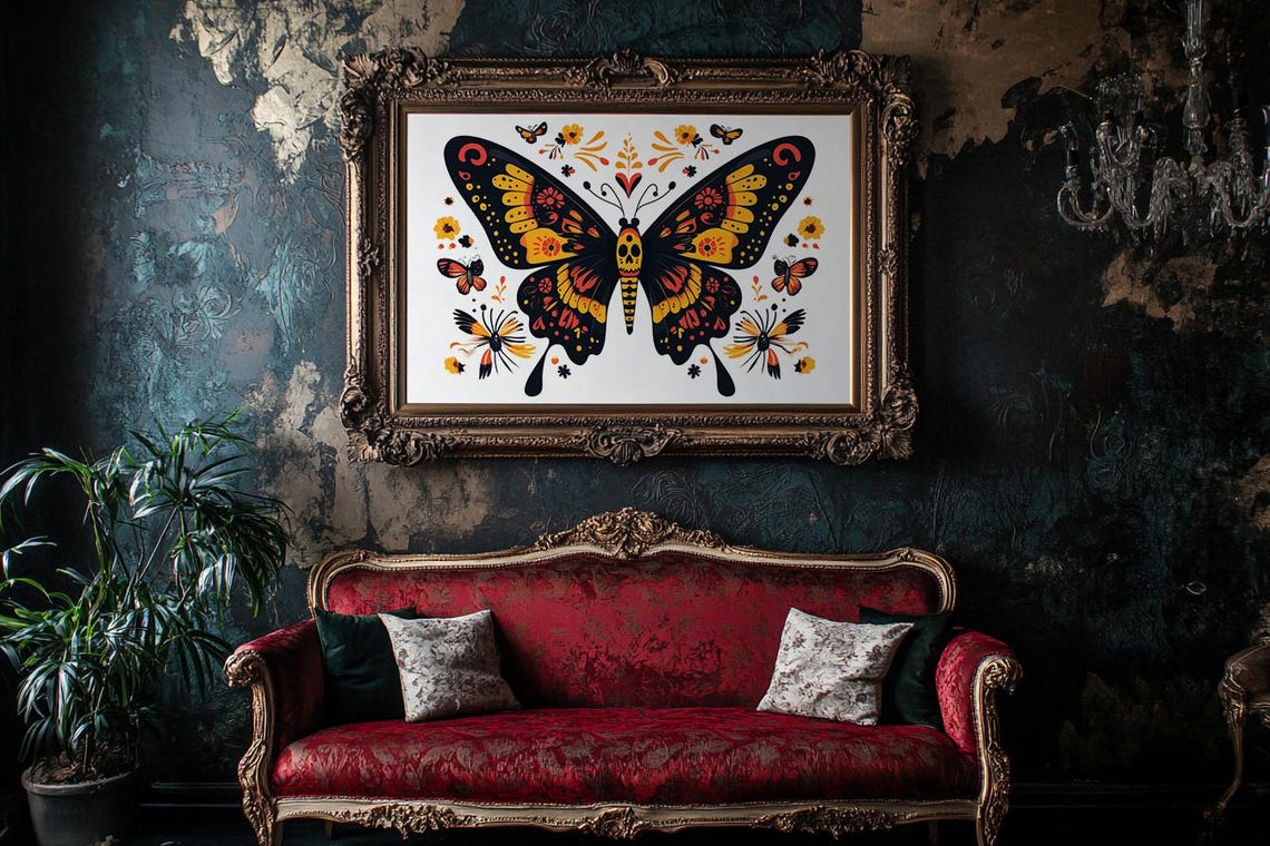 Colorful Folk Art Butterfly Day Of The Dead Skull Motif Poster