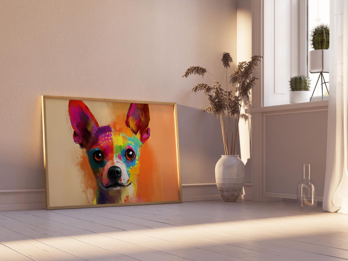 Colorful Painted Small Dog Portrait Big Ears Orange Background Poster - Image 2
