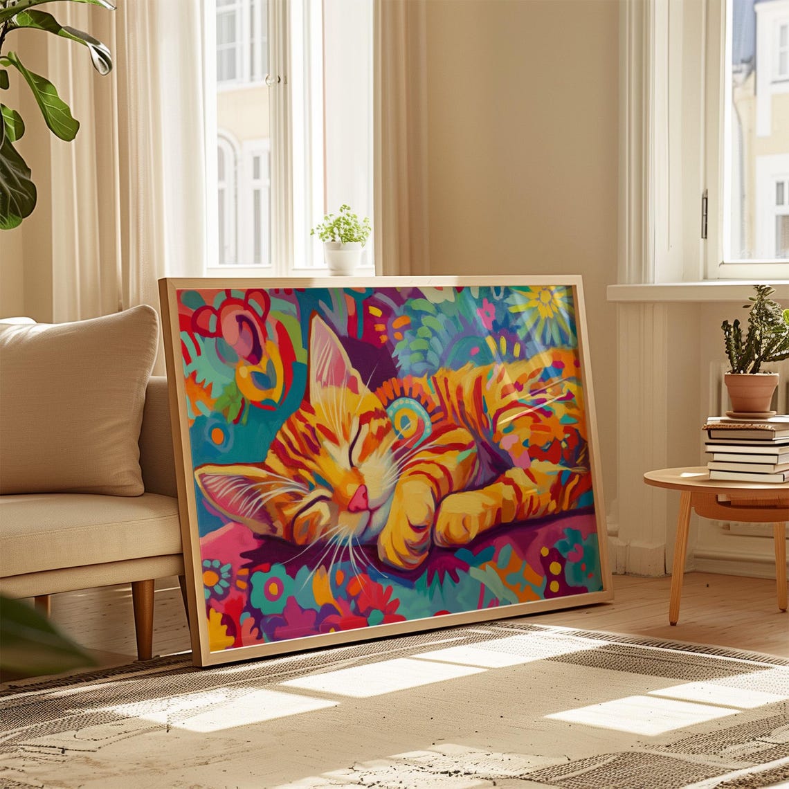 Sleeping Orange Kitten On Floral Blanket Dreamy Colors Poster - Image 4