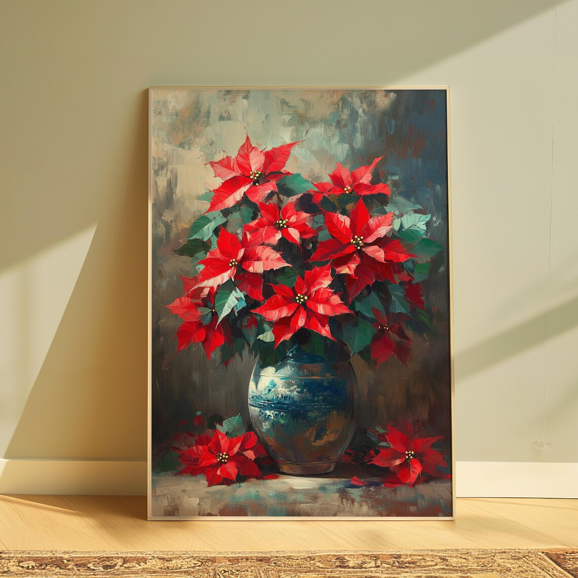 Red Poinsettia Blue Ceramic Vase Painterly Christmas Wall Art Print