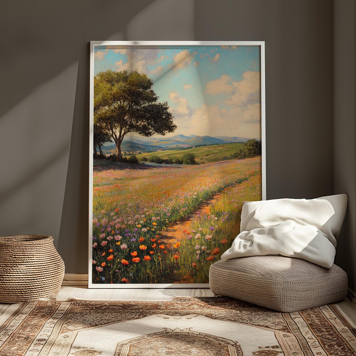 Wildflower Meadow Winding Path Big Tree Rolling Hills Pastel Art Poster - Image 3