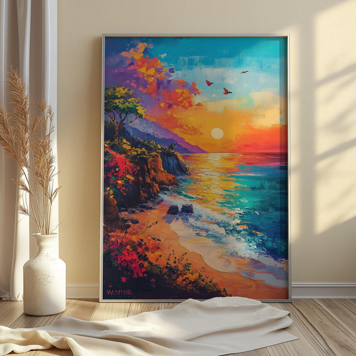 Coastal Sunset Rocky Cliffs Beach Birds Colorful Ocean Art Print - Image 4