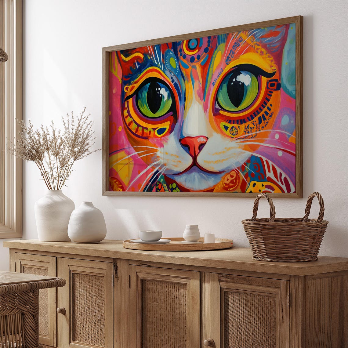 Cat Face With Huge Green Eyes Psychedelic Color Splash Poster