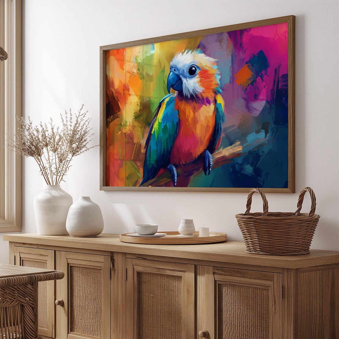 Rainbow Parrot White Crest Abstract Color Burst Wall Art Print