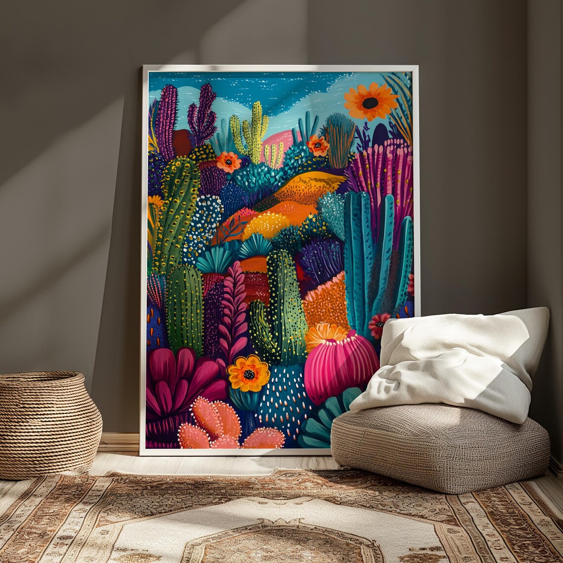 Colorful Cactus Garden Night Sky Blooming Succulents Whimsical Botanical Poster - Image 3