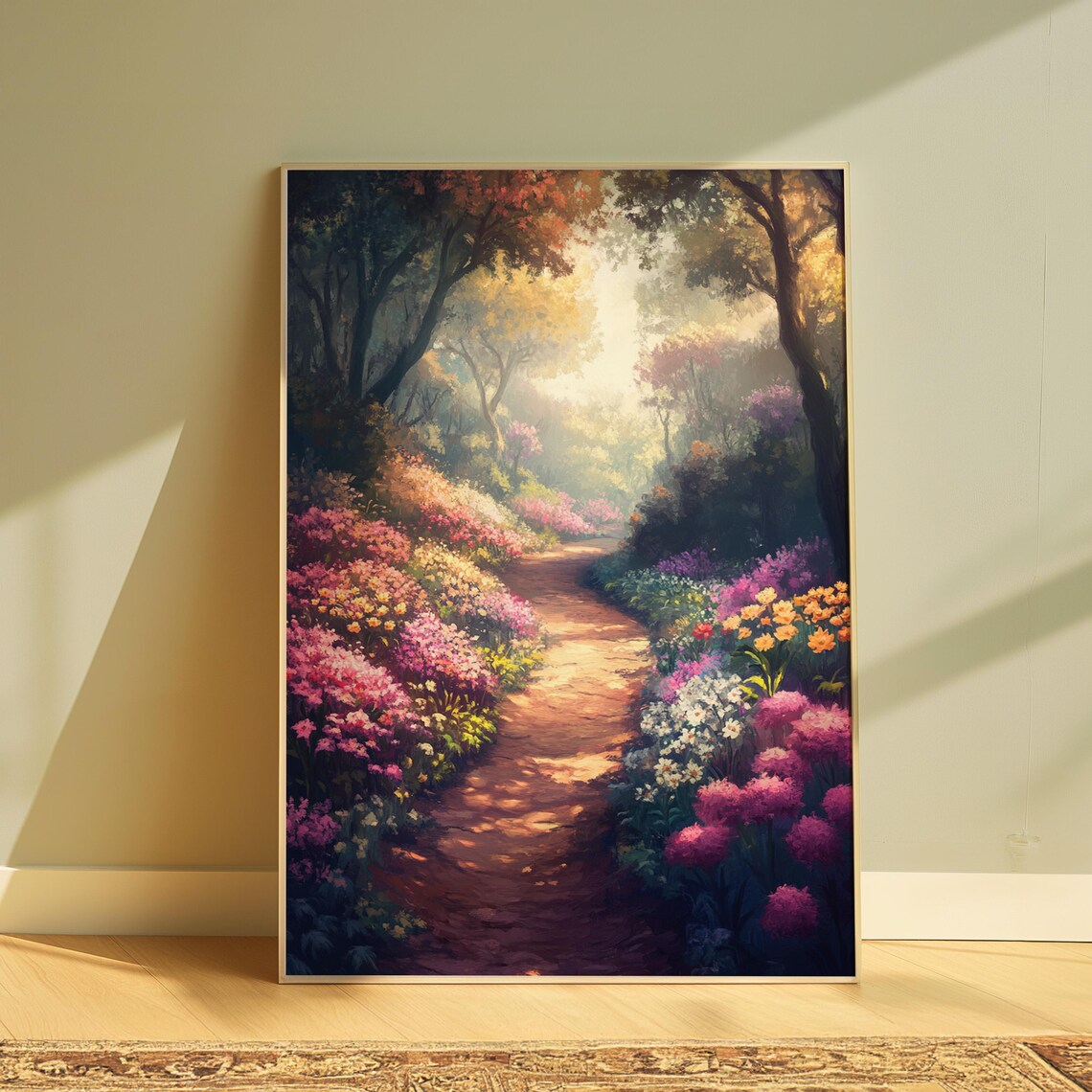 Sunlit Forest Path Colorful Flower Garden Impressionist Landscape Poster