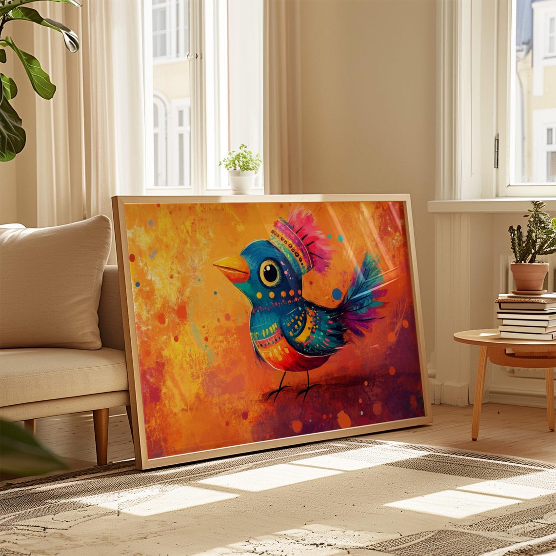 Chubby Bluebird Rainbow Crown Big Cheerful Eye Sunset Ember Art Print - Image 4
