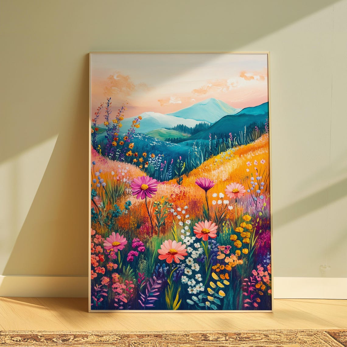 Pastel Pink Daisy Wildflower Meadow Dawn Teal Mountain Art Print