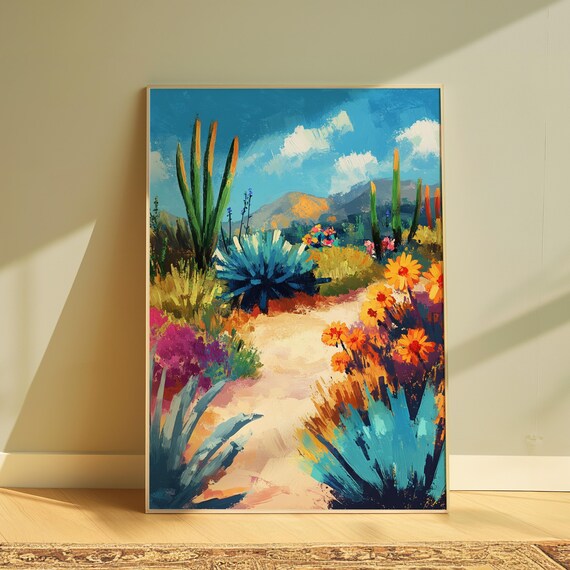 Vibrant Desert Garden Path Blue Agave Cacti Colorful Wildflowers Landscape Poster
