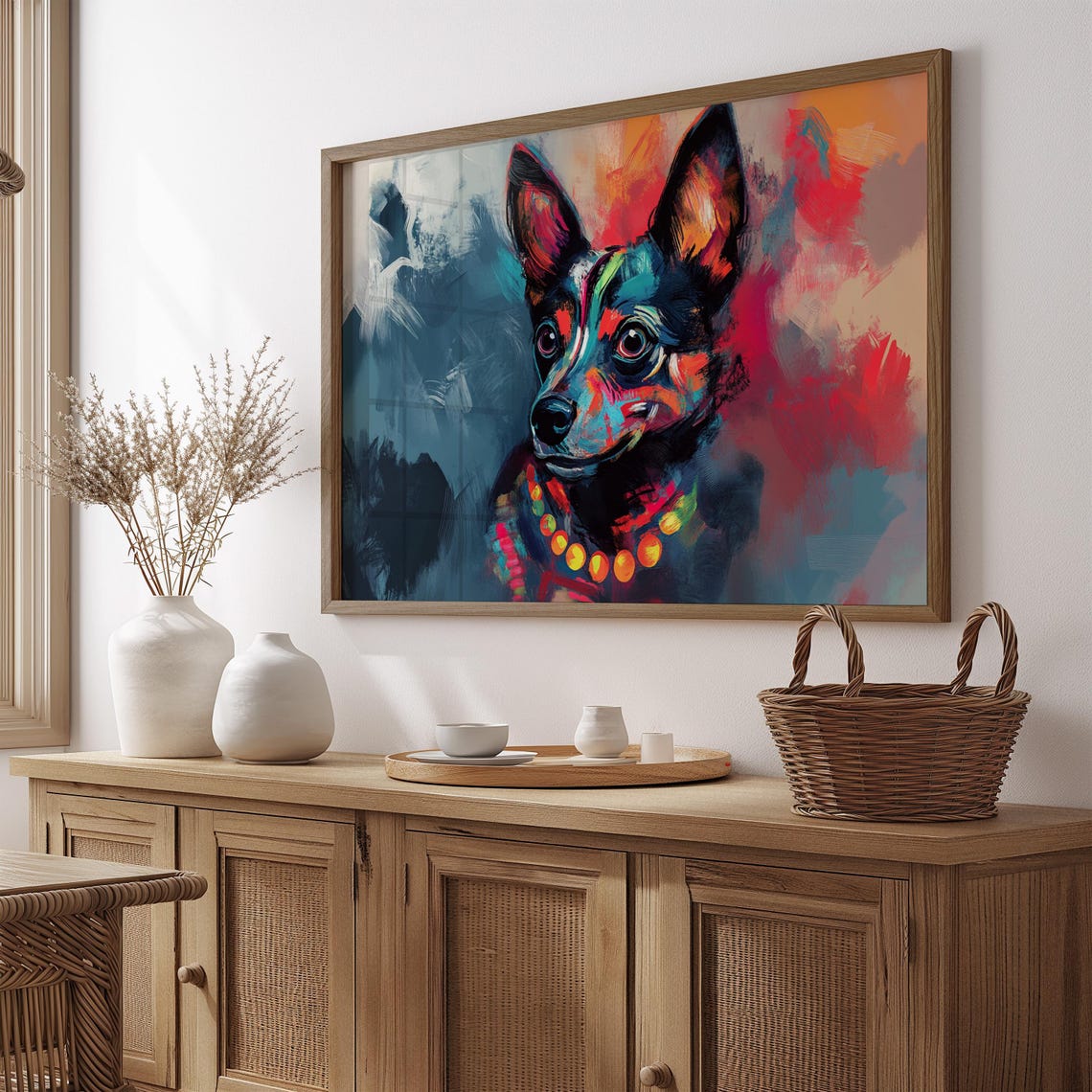 Small Chihuahua Like Dog Abstract Paint Strokes Red Teal Art Poster
