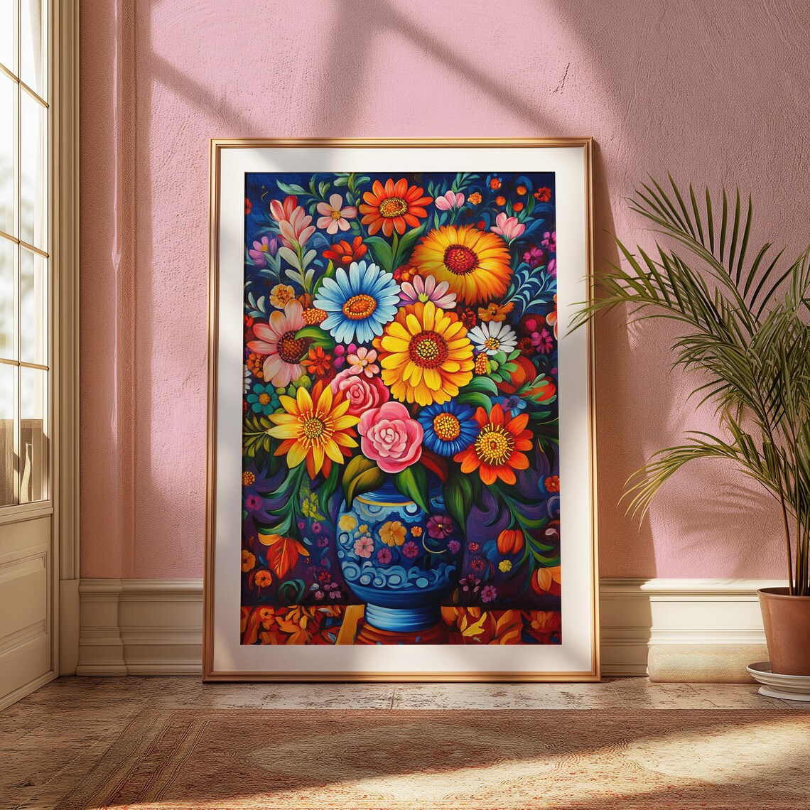 Deep Navy Mexican Folk Art Floral Bouquet In Ornate Blue Vase Print - Image 2