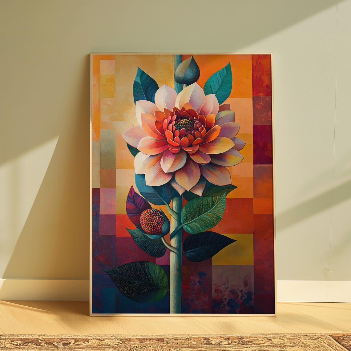 Pink Orange Dahlia Color Block Background Botanical Floral Poster