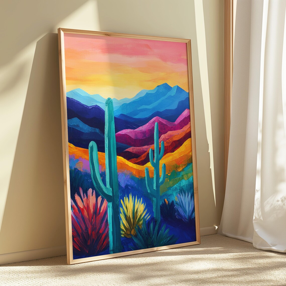 Desert Sunset Twin Saguaro Cacti Purple Mountains Colorful Southwest Poster - Image 5