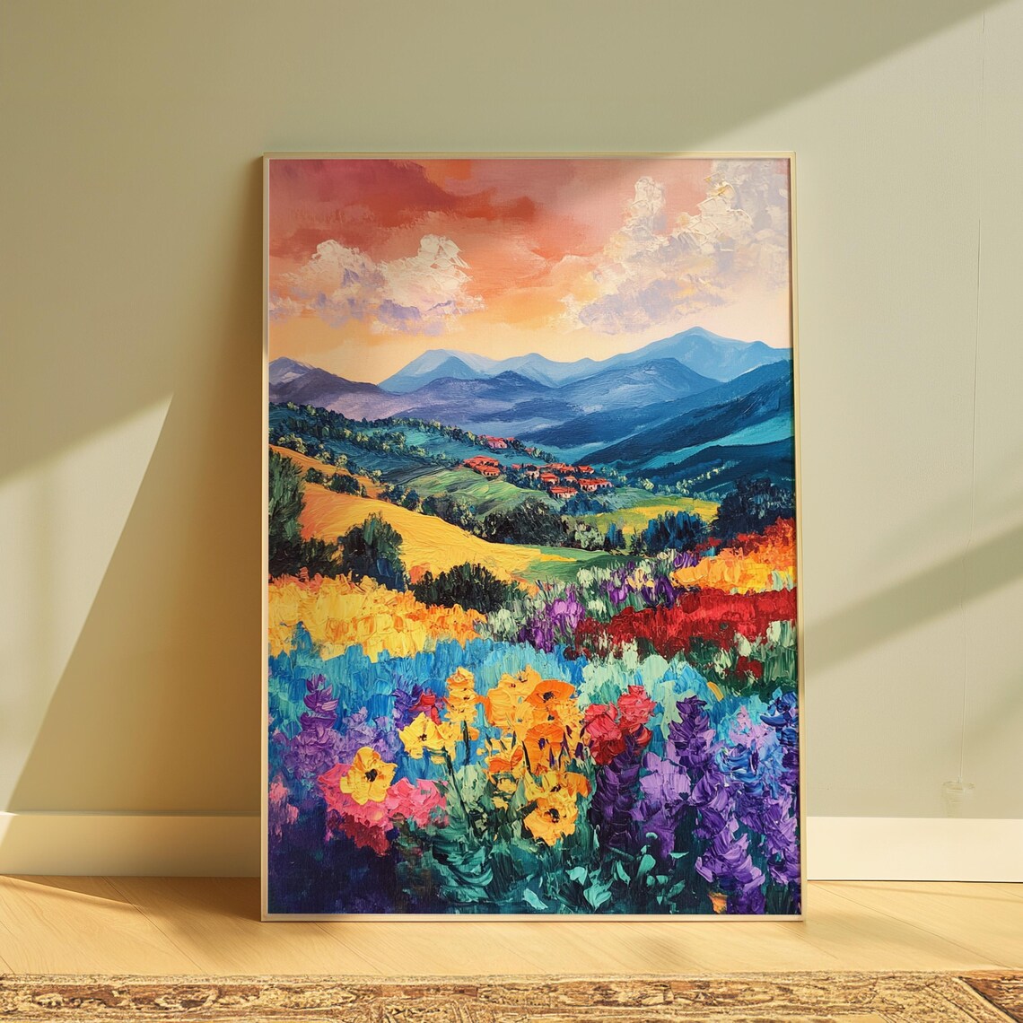 Wildflower Meadow Mountain Village Sunset Blue Peaks Travel Wall Art Poster