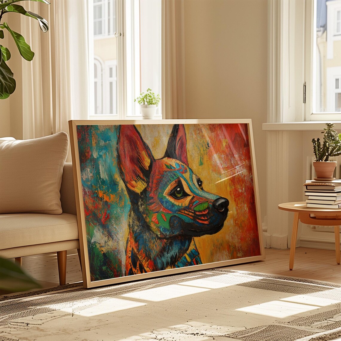 Colorful Painted Dog Profile Shepherd Folk Art Red Teal Poster - Image 4
