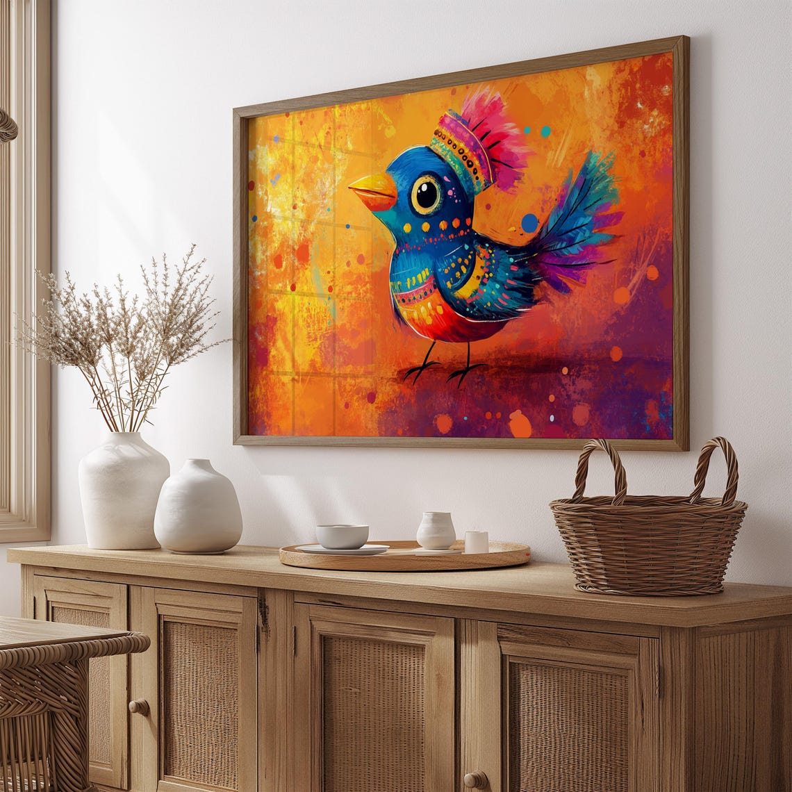 Chubby Bluebird Rainbow Crown Big Cheerful Eye Sunset Ember Art Print