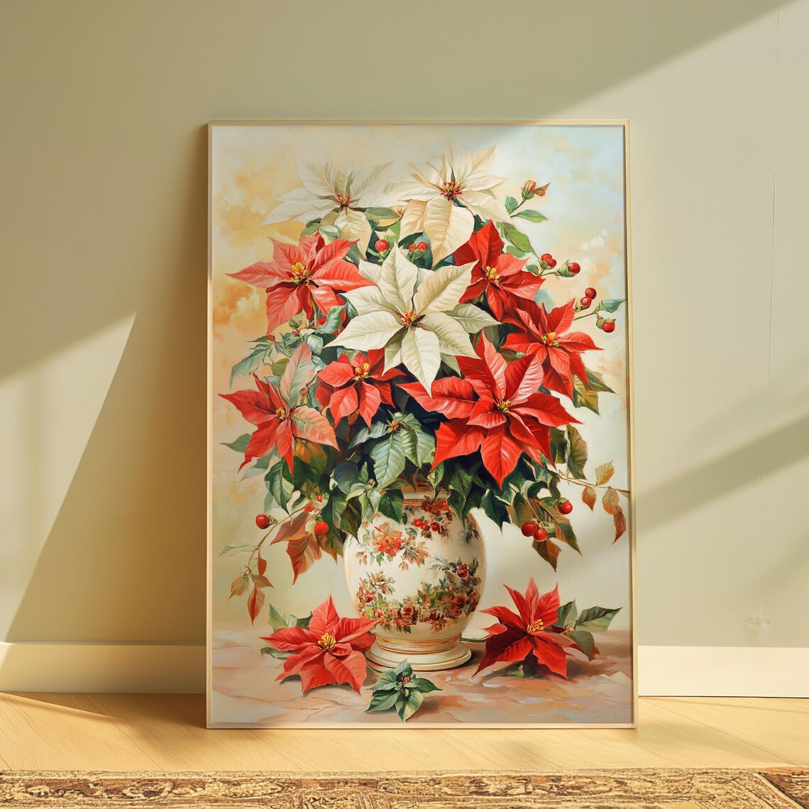 Red White Poinsettia Floral Vase Christmas Still Life Painting Poster