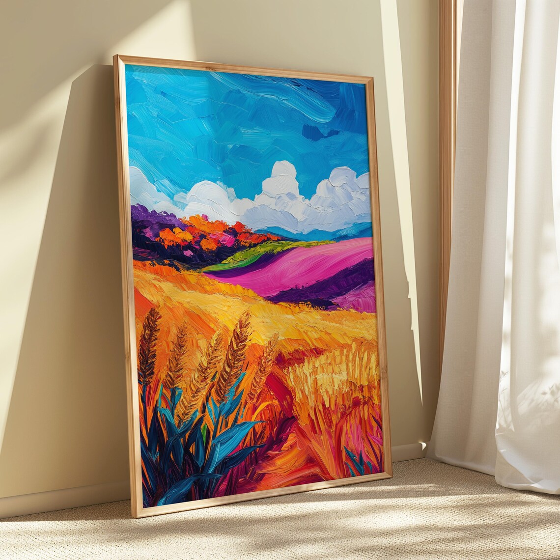 Golden Wheat Field Rolling Pink Hills Impasto Landscape Wall Art Poster - Image 5