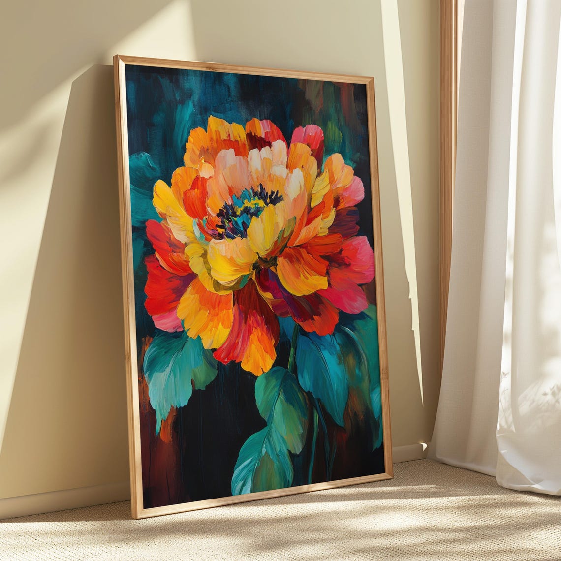 Sunset Peony Bloom Dark Teal Background Impressionist Floral Poster - Image 5