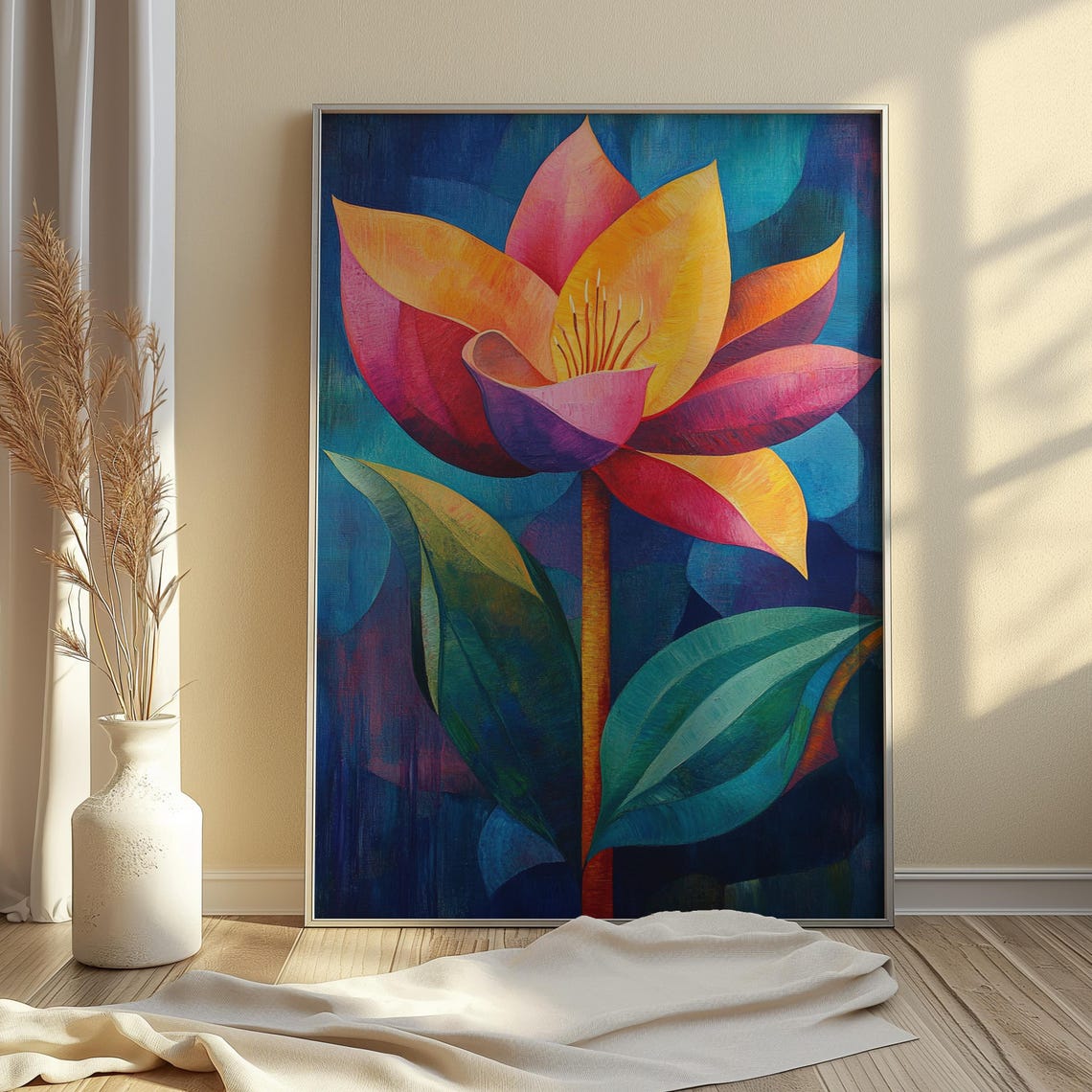 Pink Orange Lotus Bloom Dark Teal Leaf Floral Painting Poster - Image 4